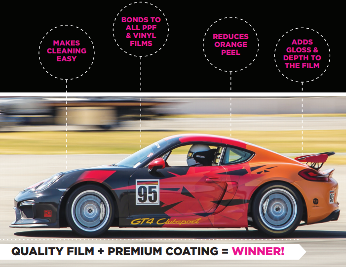 Quality film + Premium Coating = Winner! Makes cleaning easy, bonds to all PPF and vinyl films, reduces orange peel, adds gloss and depth to the film